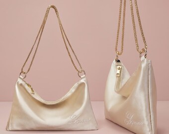 Bolso de mano de satén / Bolso con nombre bordado personalizado / Bolso de mano para novias / Regalo para damas de honor / Bolso de noche para bodas / Bolso de hombro convertible
