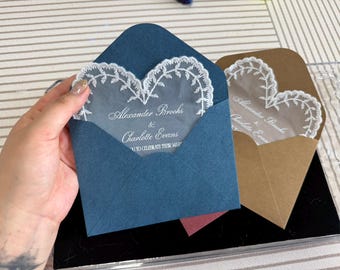 Invitación de boda de encaje / Invitación rústica en sobre / Tarjeta de boda romántica con encaje floral / Invitación personalizada para novios