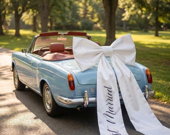 Lazo de boda extragrande de satén de seda con cola, lazo nupcial gigante personalizado "Recién casados", pancarta de decoración de coche de lujo