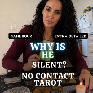 May include: A tarot card reading session featuring a deck of cards, a lit white candle in a small bowl, and a glass dish containing various crystals. The text on the image reads: SAME HOUR, EXTRA DETAILED, WHY IS HE SILENT?, NO CONTACT TAROT.