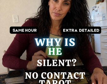 May include: A tarot card reading session featuring a deck of cards, a lit white candle in a small bowl, and a glass dish containing various crystals. The text on the image reads: SAME HOUR, EXTRA DETAILED, WHY IS HE SILENT?, NO CONTACT TAROT.