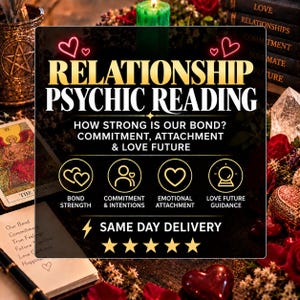 May include: A black rectangular sign with gold and white text reading RELATIONSHIP PSYCHIC READING, HOW STRONG IS OUR BOND? COMMITMENT, ATTACHMENT & LOVE FUTURE. It features four gold icons, five gold stars, and a lightning bolt symbol.