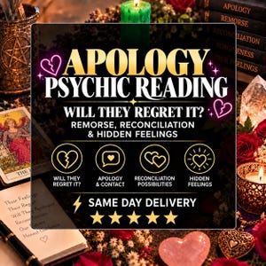 Może przedstawiać: Cyfrowa grafika dla usługi Apology Psychic Reading ze złotym tekstem na czarnym tle. Zawiera pytania Will They Regret It, Remorse, Reconciliation & Hidden Feelings, a także pięć złotych gwiazdek i ikonę błyskawicy.