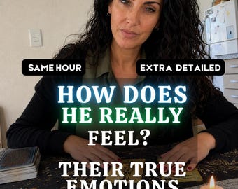 May include: A person with dark curly hair sits at a table with tarot cards, a lit white candle, and a crystal bowl. Text overlays read: SAME HOUR, EXTRA DETAILED, HOW DOES HE REALLY FEEL?, THEIR TRUE EMOTIONS. The scene includes a deck of cards.