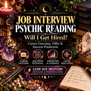 Peut inclure: Un graphique numérique pour un service de lecture psychique d'entretien d'embauche avec du texte, une bougie allumée, des cristaux, des livres étiquetés Career, Success, Abundance, Opportunity et un bloc-notes avec une liste de contrôle incluant Interview, Confidence, New Job, Career Growth, Success.