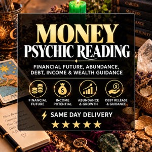 Op de afbeelding: Een digitale afbeelding met de titel MONEY PSYCHIC READING en tekst over financiële toekomst, overvloed, schulden, inkomen en vermogensbegeleiding. Het bevat vier ronde iconen die munten, een geldzak, een groeigrafiek en een hand met een munt weergeven.