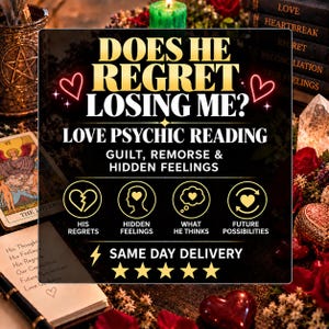 Pode incluir: Um gráfico digital com o texto DOES HE REGRET LOSING ME? LOVE PSYCHIC READING GUILT, REMORSE & HIDDEN FEELINGS. Inclui quatro ícones circulares rotulados como HIS REGRETS, HIDDEN FEELINGS, WHAT HE THINKS, FUTURE POSSIBILITIES e cinco estrelas.