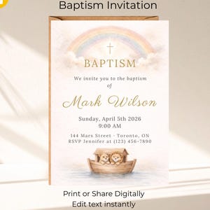 ノアの箱舟の洗礼招待状、水彩レインボー洗礼招待状（デジタルダウンロード）