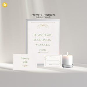 May include: A memorial keepsake set featuring a framed sign with text, "PLEASE SHARE YOUR SPECIAL MEMORIES HERE." Includes a small card that says "Memory table" and a card to share a memory. A white candle sits on a silver base.