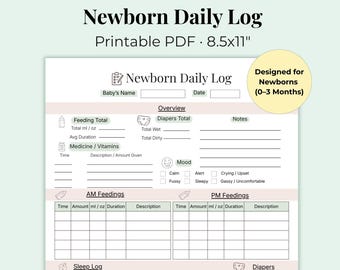Newborn Daily Log Printable, Baby Feeding Sleep Diaper Tracker, Instant Download
