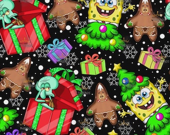 Christmas Tree Spongebob Custom Print 1 Yard Fabric Seamless Design App 59x36