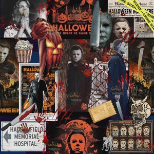 Puede incluir: Un collage temático de Halloween con imágenes de Michael Myers, calabazas, cuchillos y carteles de películas. La paleta de colores incluye naranja, negro y rojo, con el texto "Halloween" y "John Carpenter's Halloween" visibles.