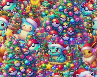 Pokemon Christmas X-Mas Custom Print 1 Yard Fabric Seamless Design Approx 59x36