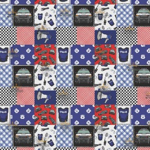 May include: A patchwork pattern featuring police-themed illustrations. The design includes police cars, vests, megaphones, handcuffs, and other related items. The squares alternate between red, blue, black and white checkered, and blue plaid patterns.