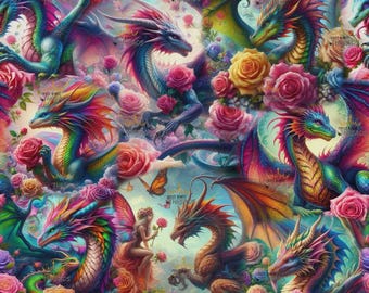 Dragon Roses Color Flowers Custom Print 1 Yard Fabric Seamless Design Appr 59x36