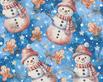 Christmas Snowman Blue White Custom Print 1 Yard Fabric Seamless Design App59x36
