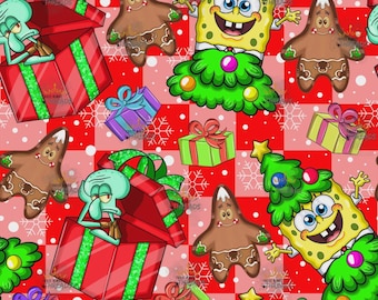Christmas Tree Spongebob Custom Print 1 Yard Fabric Seamless Design App 59x36