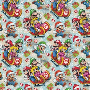 May include: A repeating pattern featuring Mario, Luigi, Princess Peach, and other characters in Santa hats and Christmas-themed sleds. The background is light blue with snowflakes and gift boxes.