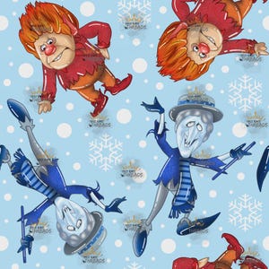 May include: A repeating pattern featuring cartoon characters in red, orange, and blue, set against a light blue background with white snowflakes and circles. The characters have exaggerated features and are in various poses.