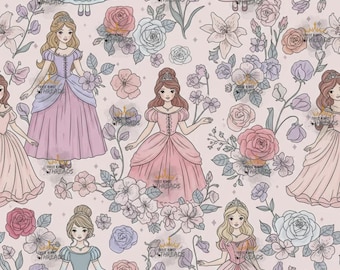 Princess with Flowers Custom Print 1 Yard Fabric Seamless Design Approx 59x36