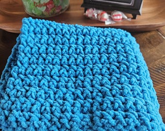 Teal Plush Crocheted Baby Blanket, Small Comfort Blanket (15x15)