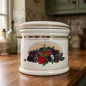 May include: A cream-colored ceramic storage canister with a gold-tone metal latch and lid. The front features an oval illustration of assorted berries, including strawberries, blackberries, and blueberries, surrounded by green leaves.