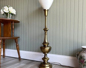 Vintage Mid Century Brass Torchiere Lamp with Milk Glass Shade - Hollywood Regency Rembrandt Style
