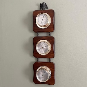 Vintage Springfield Wood Weather Station Barometer Thermometer Eagle Finial 18"