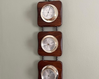 Vintage Springfield Wood Weather Station Barometer Thermometer Eagle Finial 18"