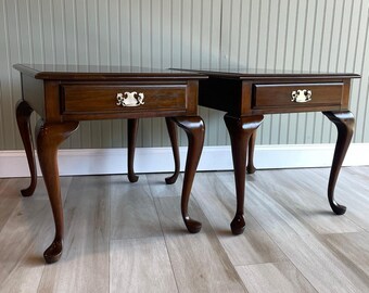 Vintage Pennsylvania House Dark Cherry End Tables Pair - Queen Anne Traditional Style