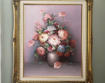Vintage Floral Still Life Oil Painting on Unstretched Canvas - Signed ...