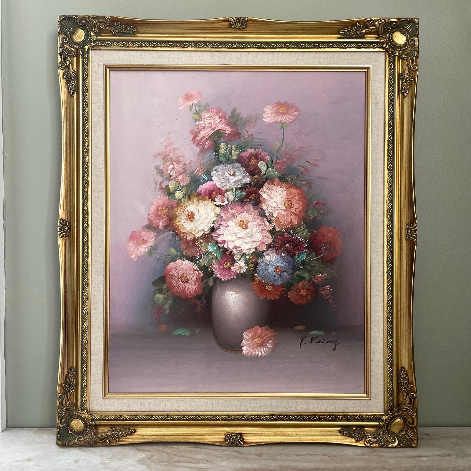絵画 Oil painting of beautiful flowers. Vintage Ornate Framed Floral Still Life P. Keeling Original Oil
