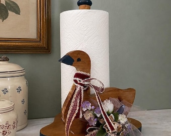 Vintage Handmade Wood Duck Paper Towel Holder | Bow Faux Florals | Cottagecore Farmhouse