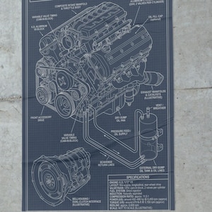 May include: A collection of automotive engineering blueprints. The prints feature detailed diagrams of an engine and car chassis, with technical specifications. The color palette includes shades of beige and blue, with white line drawings. The text "LT2 4.2L V8" is visible.