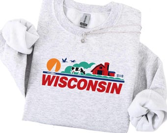 Wisconsin Farm Crewneck Sweatshirt | Dairy Cow Barn Landscape Pullover