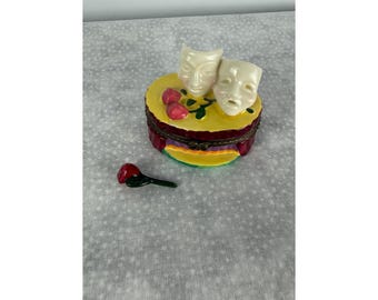 Vintage Tragedy Comedy Drama Mask Ceramic Trinket Box Theater Decor Hand Painted