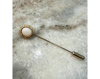 Vintage Gold Tone Faux Opal Stick Pin Scalloped Filigree Lapel Pin with End Cap