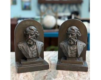 Antique 1923 P Mori Henry Wadsworth Longfellow Bronze Clad Bookends Signed Pair