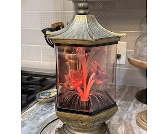 Vintage Fiber Optic Flower Lamp Pagoda Lotus Butterfly Color Changing Gold 12in