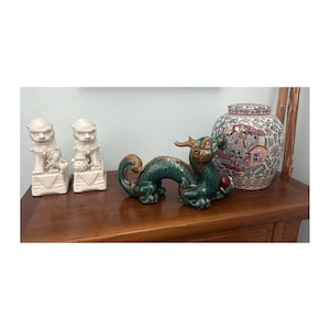 Vintage Trio of Chine de Blanc Foo Dogs, Dragon & Lg Famille Rose Ginger Jar