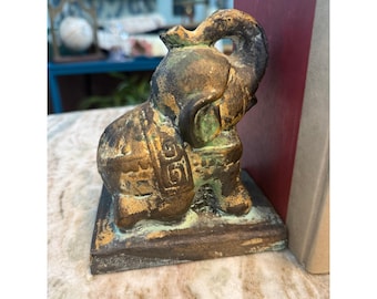 Vintage Japan Toyo Elephant boekensteunen goudgroen patina Lucky Trunk Up (2)