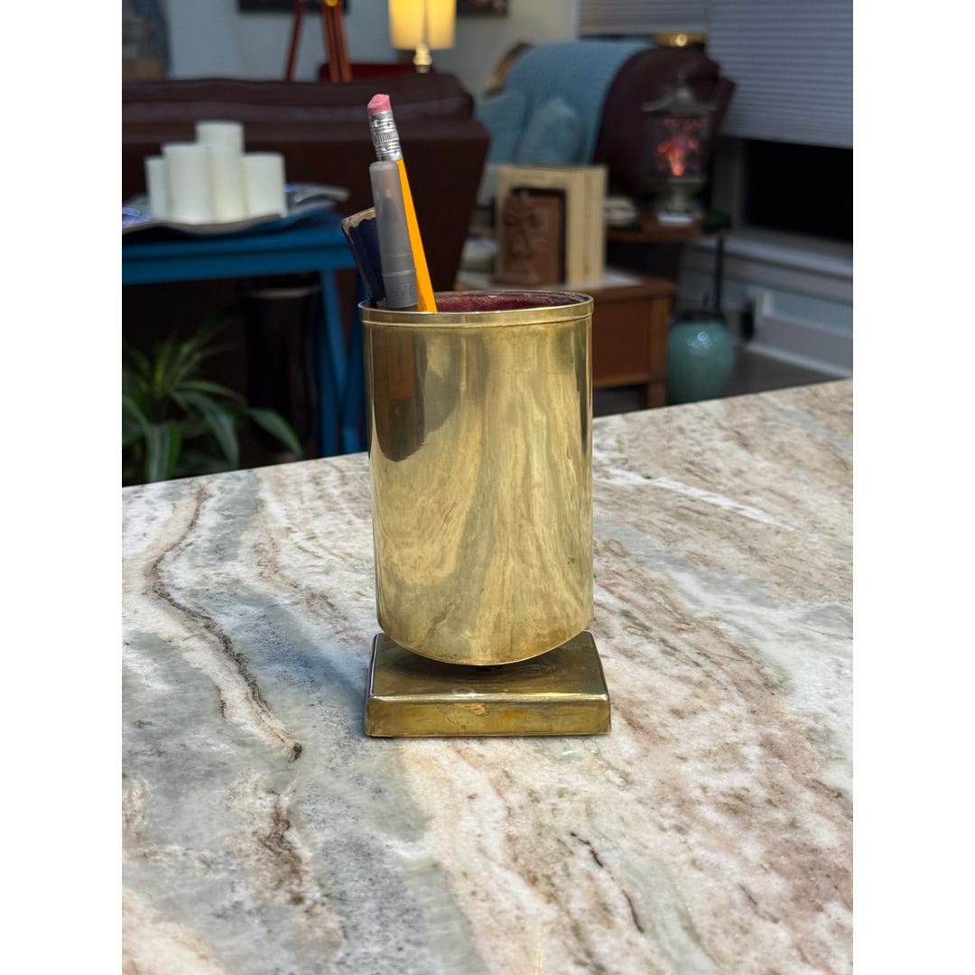 Vintage Solid Brass Pencil Cup Holder Weighted Square Base Gold Desk ...
