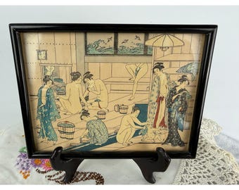 Vintage Japanese Woodblock Print Bath House Scene Framed Art Ito Japan 1957