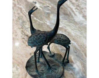 Vintage Bronze Crane Family Sculpture Trio on Lily Pad Verdigris Patina 8.5"