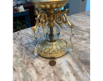 Vintage Gold Tone Ornate Pillar Candle Holder with Hanging Crystal Prisms