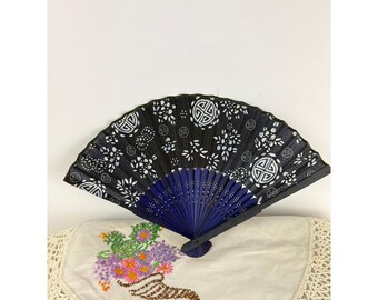 Vintage Navy Blue Black Floral Folding Hand Fan Wooden Ribs Decorative Accessory