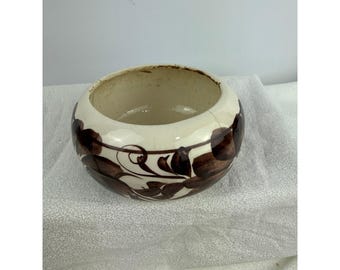 Vintage Hand Painted Ceramic Floral Planter Bowl Brown Cream Crazed Pottery