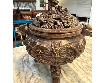 Vintage Chinese Bronze Dragon Incense Burner Tripod Censer with Pierced Lid