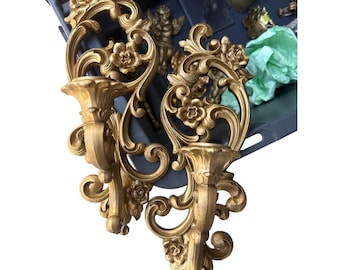 Par de apliques de pared vintage Syroco con diseño floral estilo Hollywood Regency