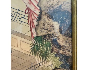 Cuadro chino antiguo en seda, enmarcado, con la imagen de una mujer pintando en un jardín (16,5 x 16,5 cm).